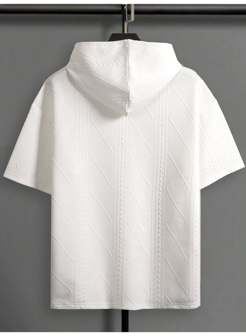 تيشيرت رجالي أبيض بغطاء رأس، بأكمام قصيرة، مزين بنسيج، برباط، مناسب للصيف - Image 5